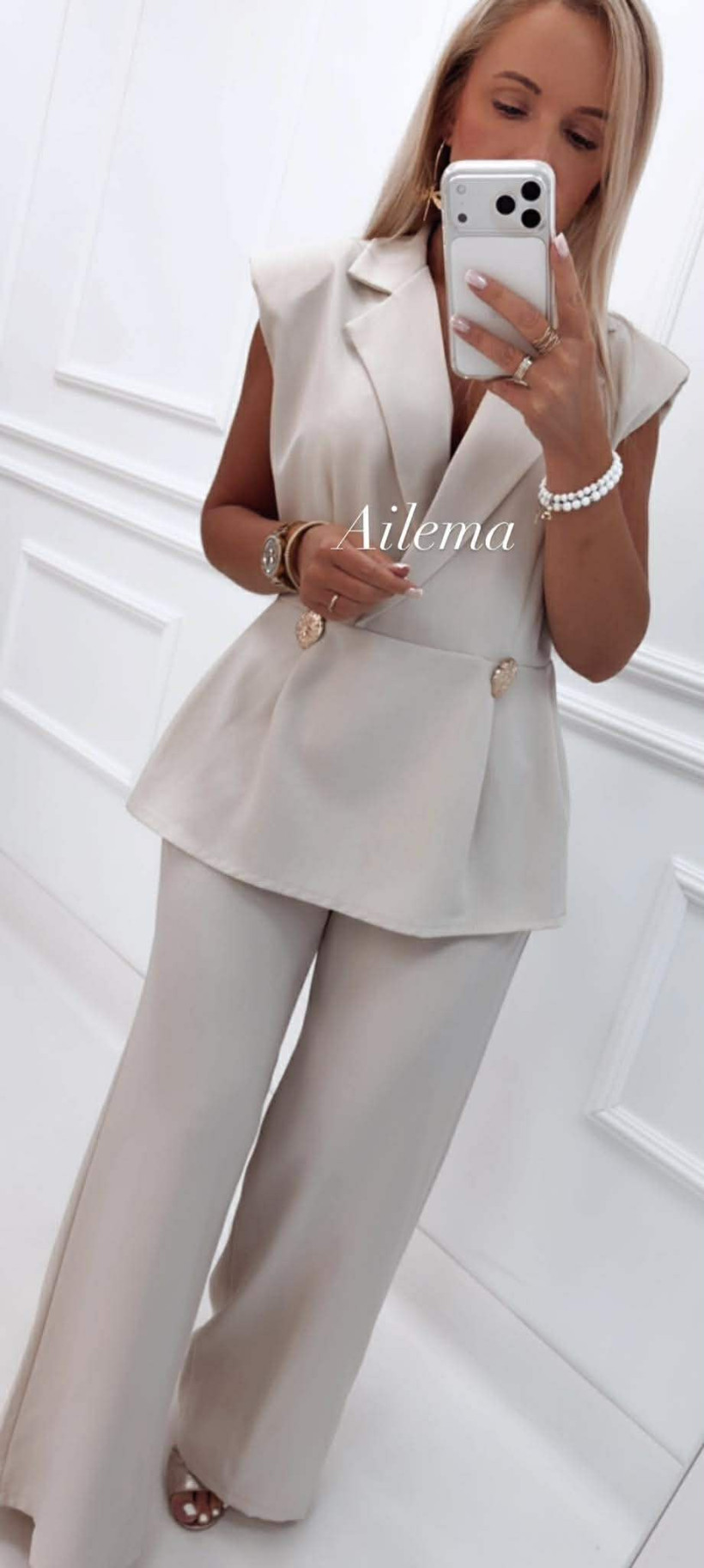 Komplet KM84 baskinka z ozdobnymi broszkami i spodnie szeroka nogawka 