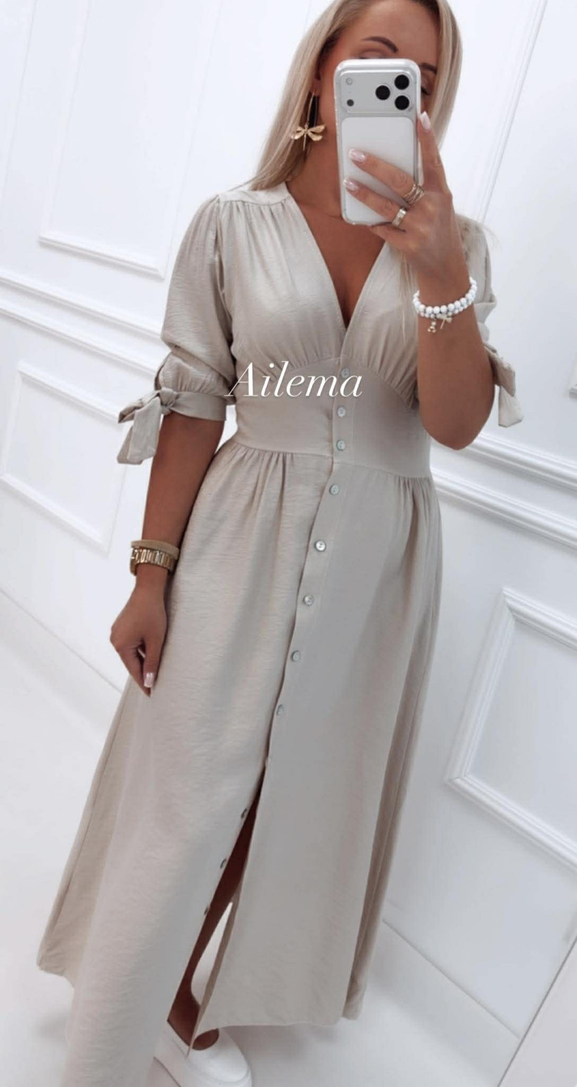 Sukienka maxi dekolt guziczki SK279 rękaw zakończony wiązaniem 