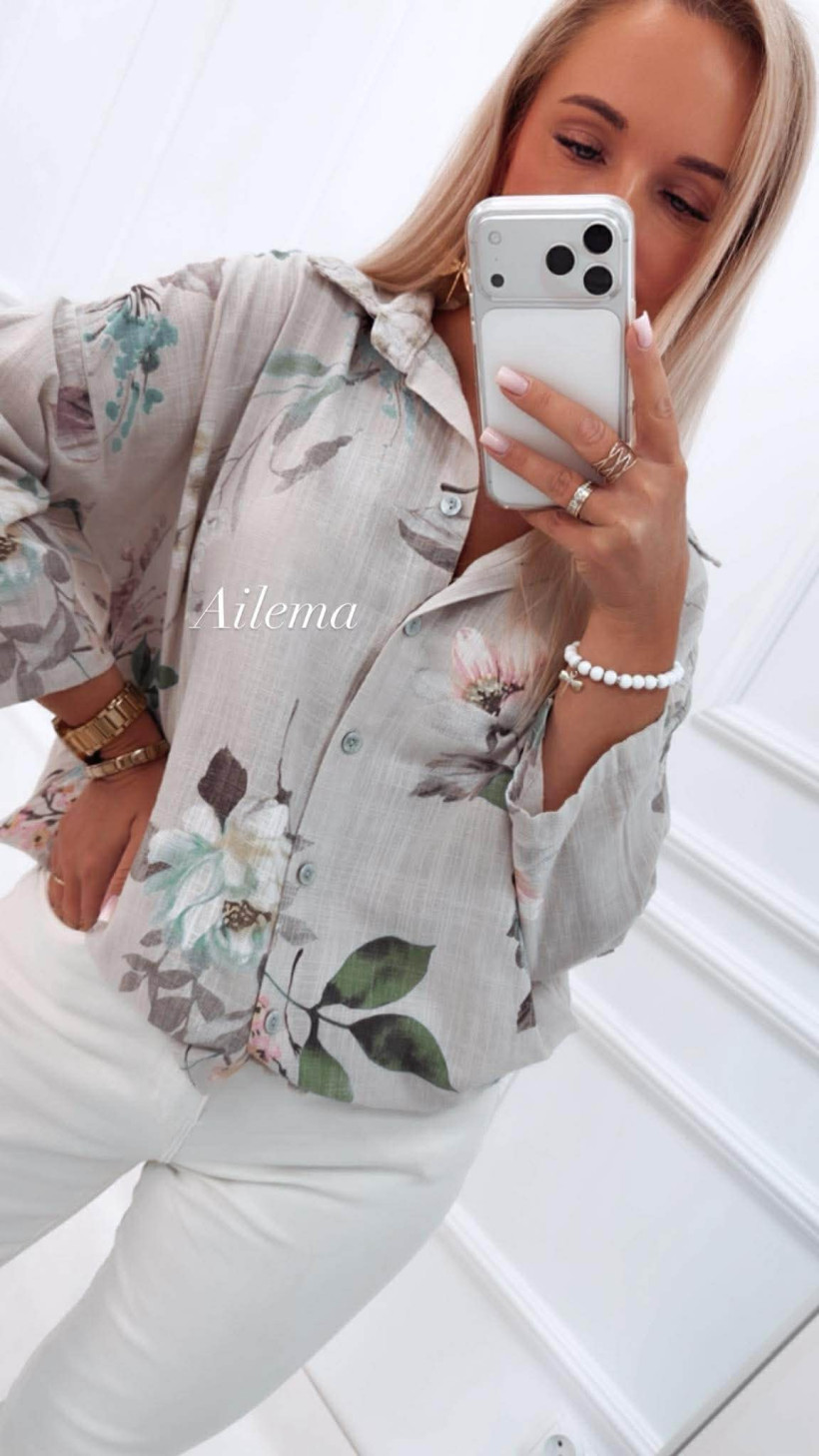 Koszula ze ściągaczem KS858 w kwiaty 