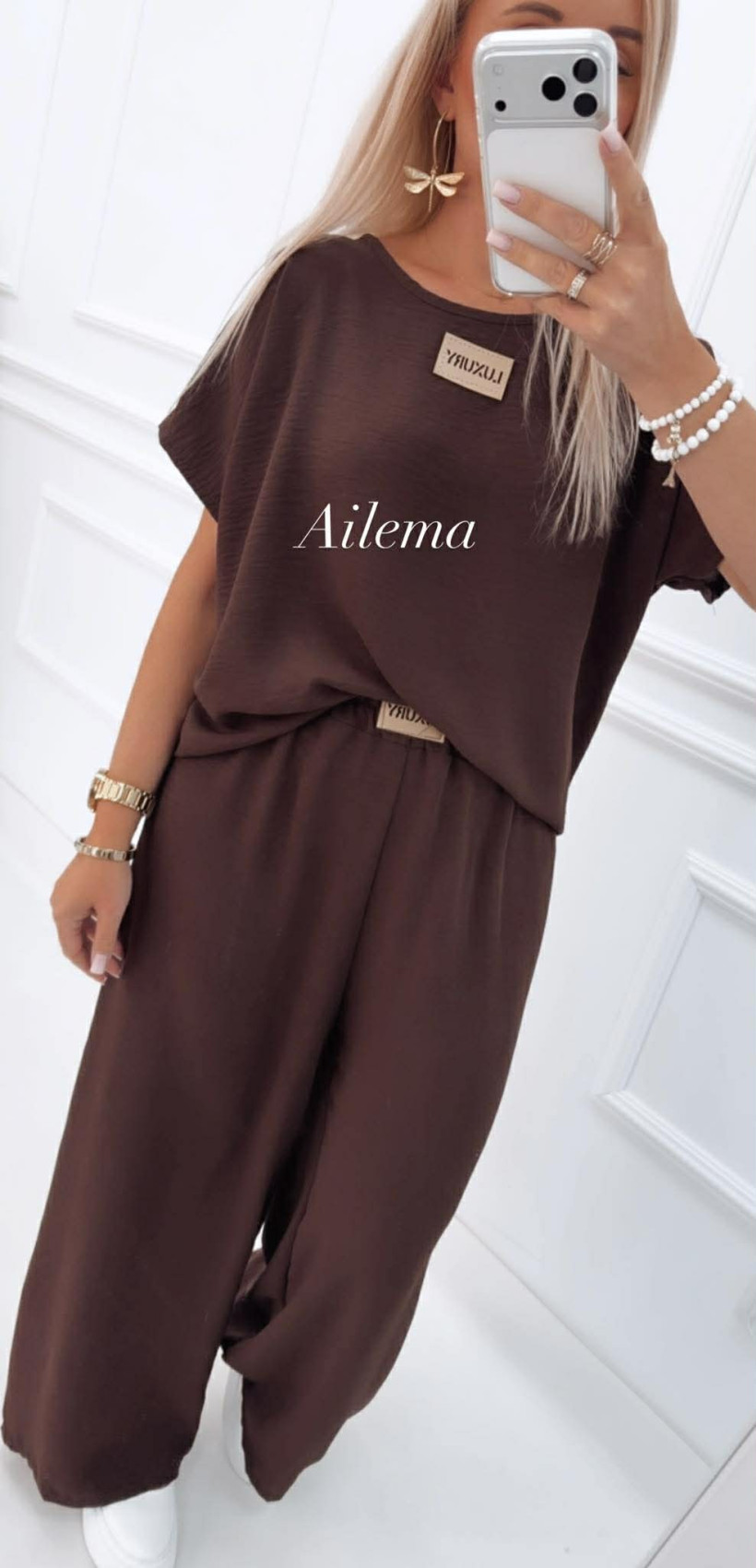 Komplet kreszowany KM554 bluzka i spodnie luxury