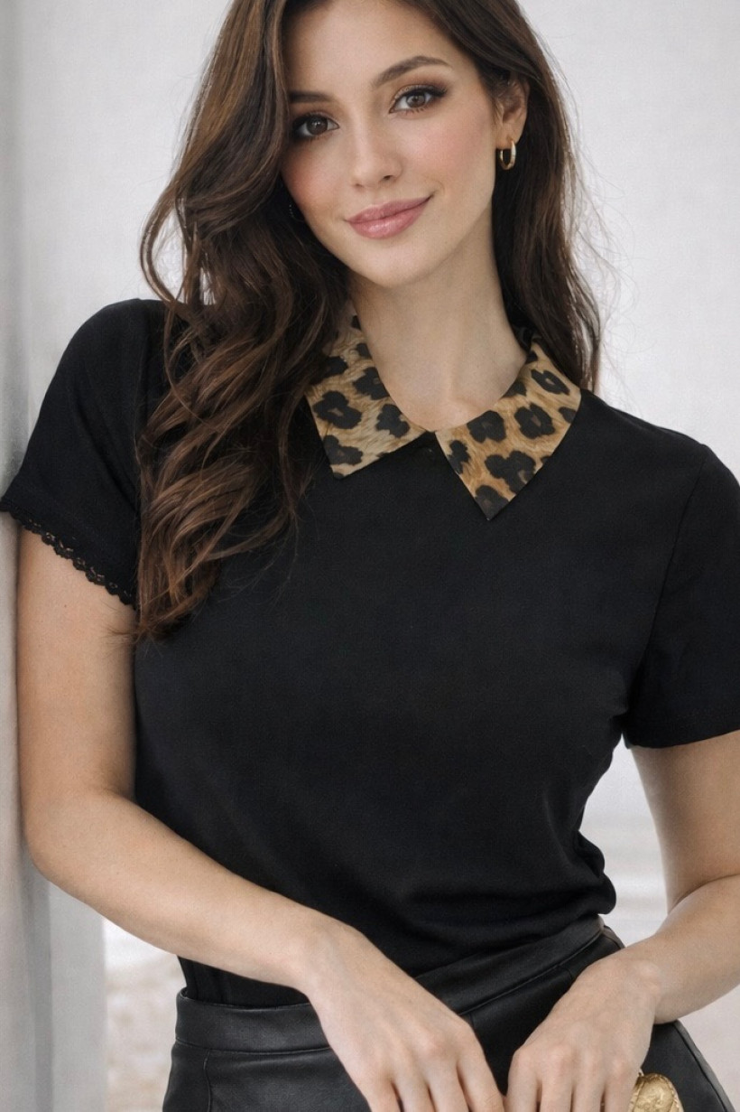 Bluzka z kołnierzykiem w panterkę czarna 