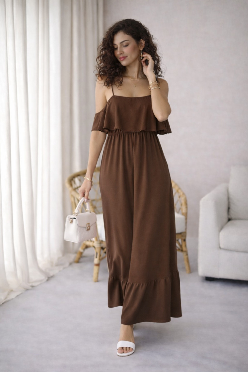 Sukienka falbanka ramiączko brązowy