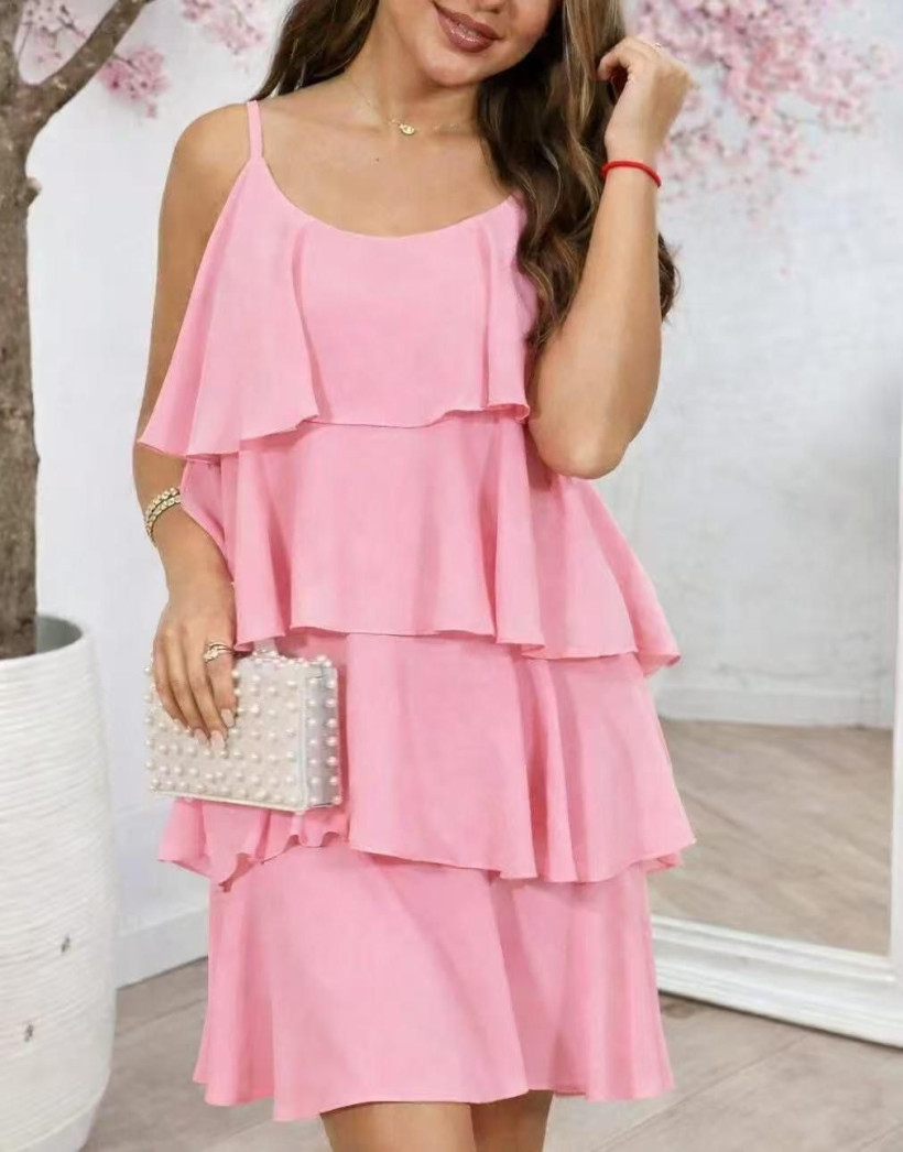 Sukienka cztery falbany pudrowy różowy