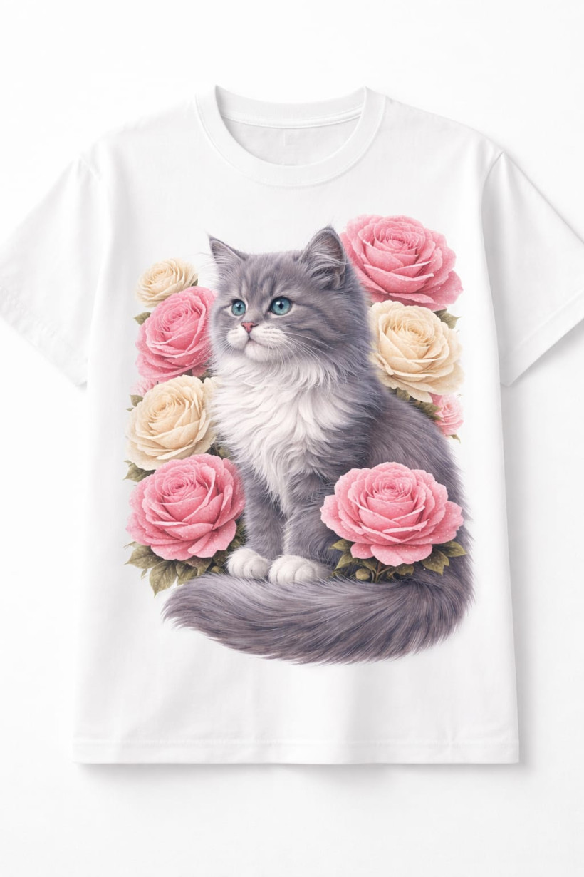 ZA T-shirt BIAŁY-  KOT róże