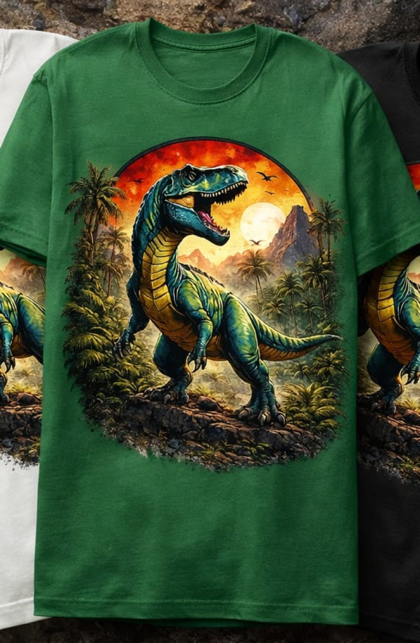 ZA T-shirt BUTELKOWA ZIELEŃ-  Dinozaur z krajobrazem