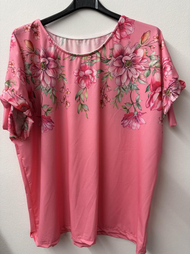 Italia nr 12 - Bluzka jednokolorowa - wzór kwiaty u góry Wł. 16304 - różowa