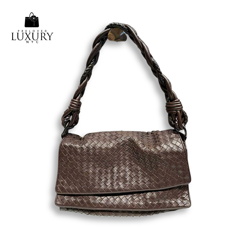 BOTTEGA VENETA Brown Intrecciato Braided Flap Shoulder Bag