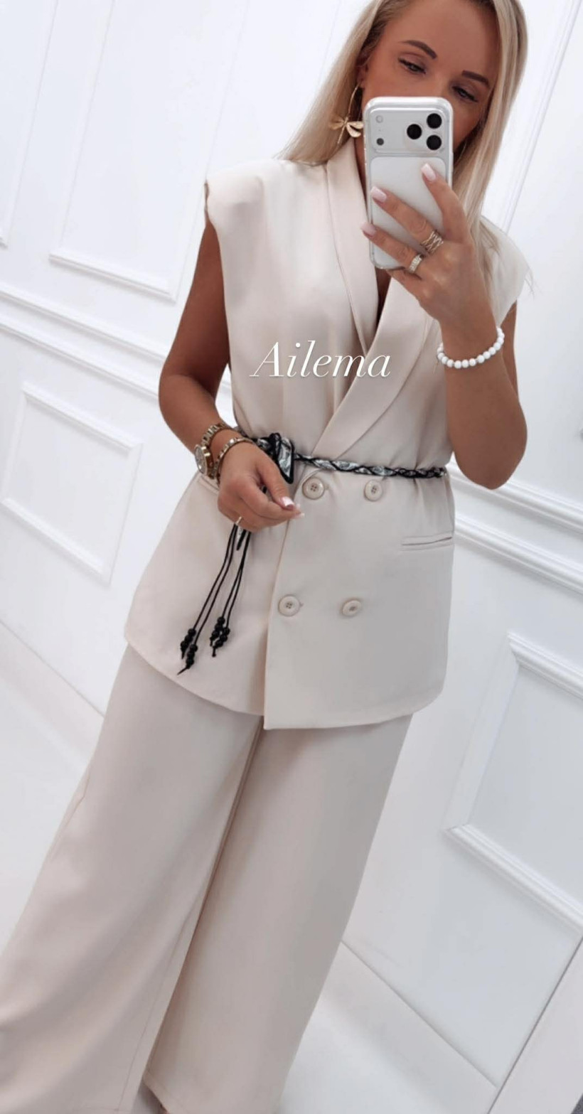  Elegancki komplet KM225 marynarka z ozdobnym wiązaniem i spodnie