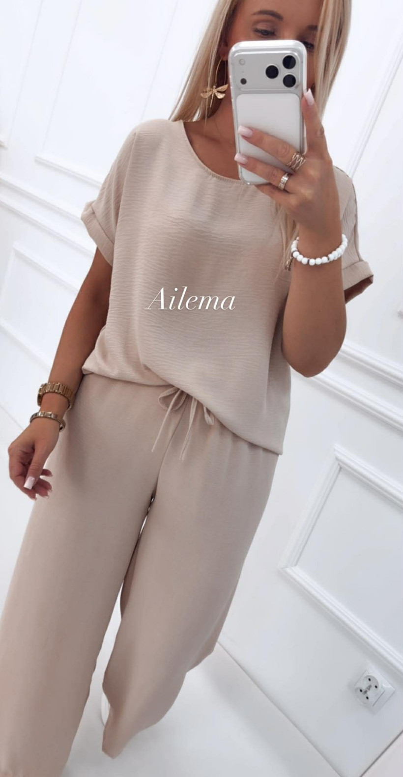 Komplet kreszowany KM797 bluzka i spodnie z szeroką nogawką 