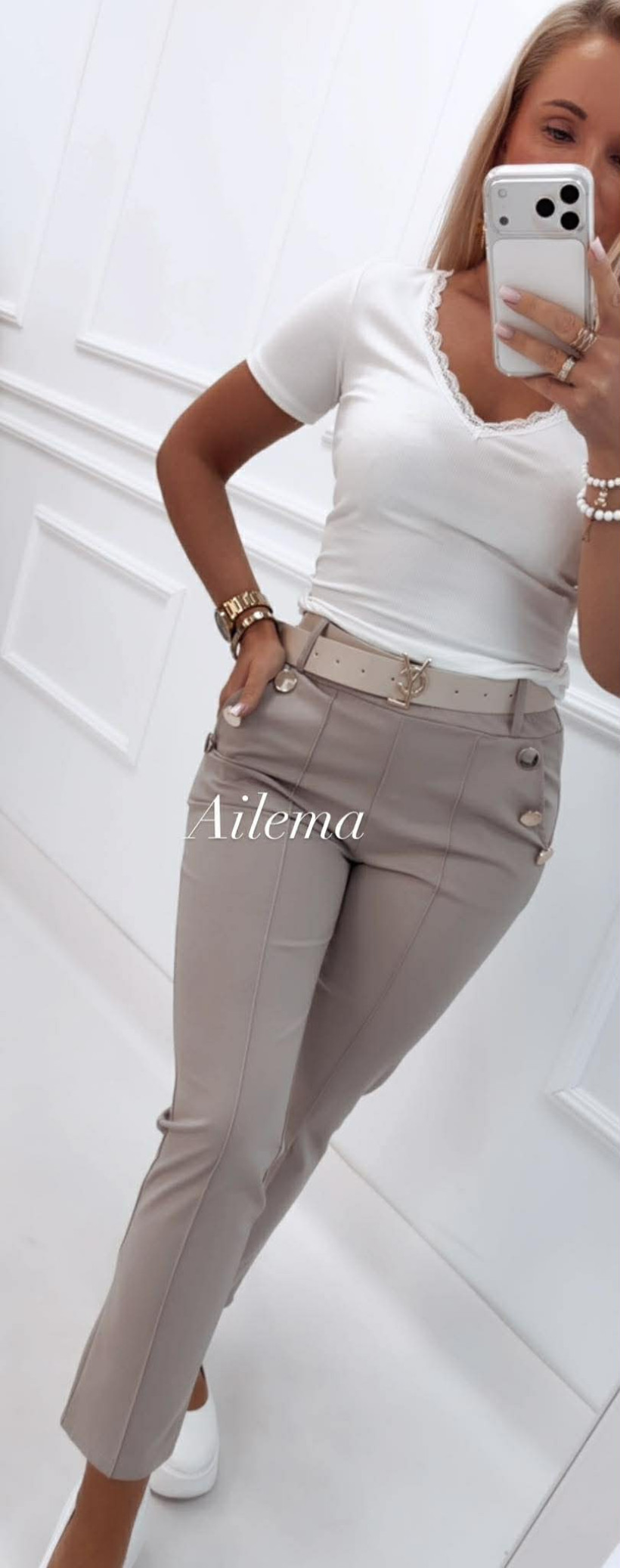 Spodnie z przeszyciem na nogawce, złote guziki SP980 pasek