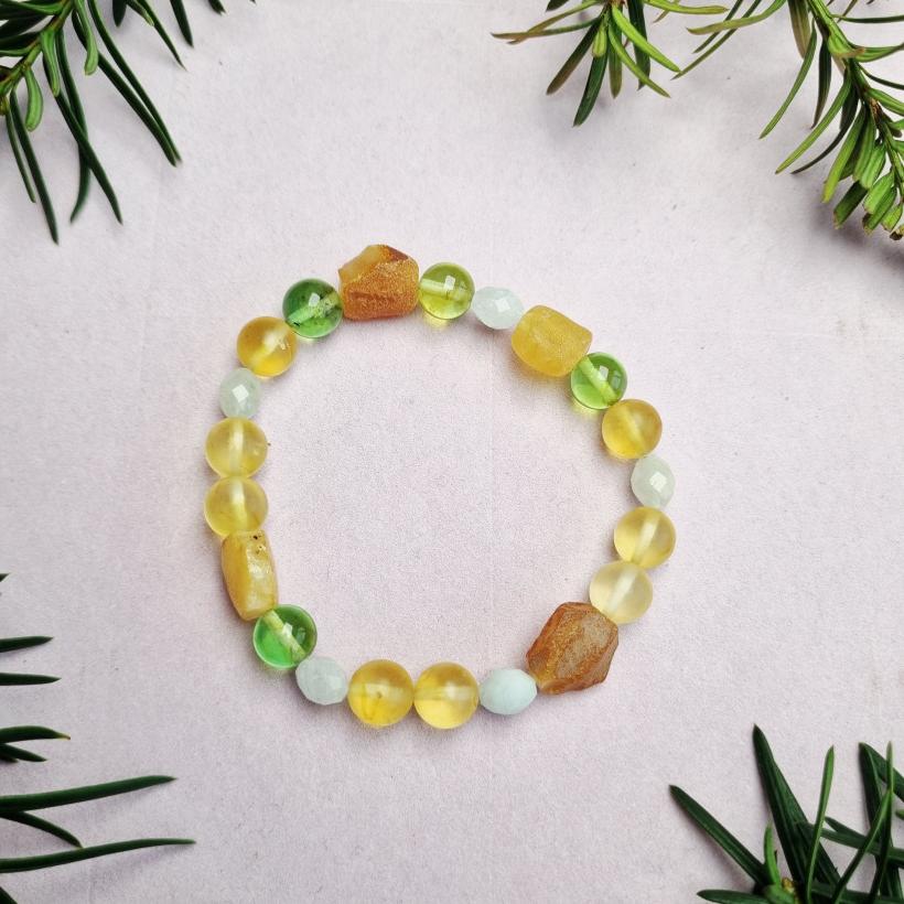 Bransoletka z Bursztynu Bałtyckiego i Kamieni Naturalnych, Rękodzieło, Prezent dla Niej, Żółty i Zielony Bursztyn, Biżuteria Boho, Naturalny Bursztyn