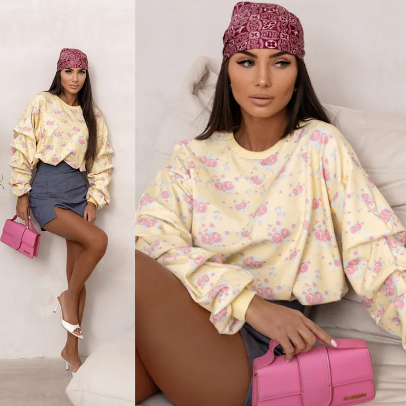 Bluzy Bawełniana Remy Print Flowers Bananowa