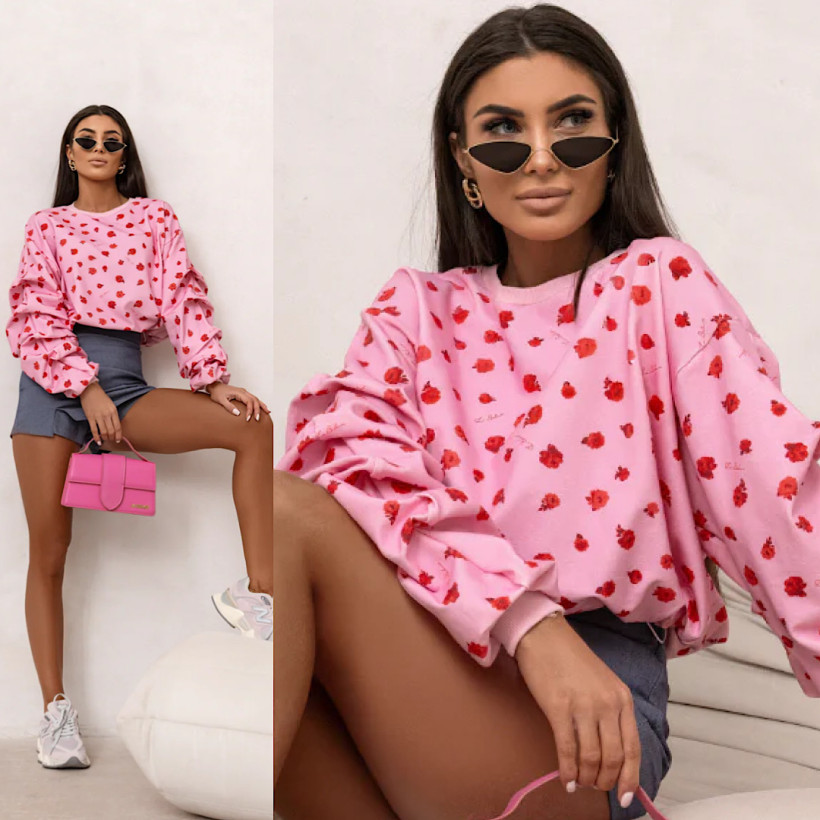 Bluzy Bawełniana Remy Print Flowers Różowa