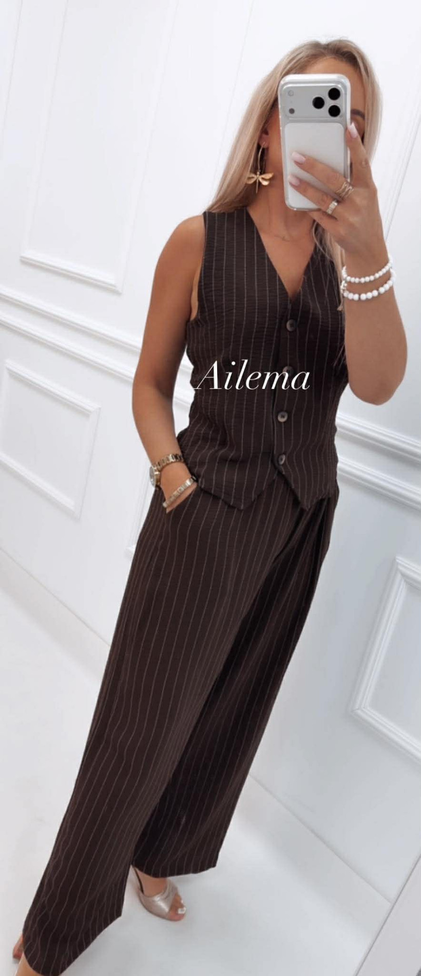 Komplet Avix AX78628 kamizelka i spodnie szeroka nogawka w paski 