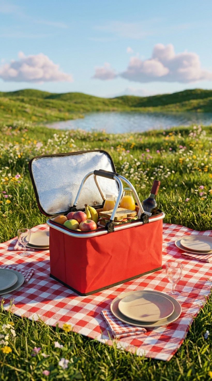 Składany Kosz Piknikowy z Izolacją Termiczną czerwony