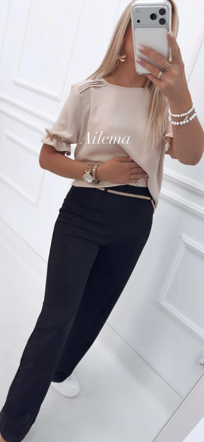 Eleganckie spodnie szeroka nogawka QD9-5188 złoty pasek