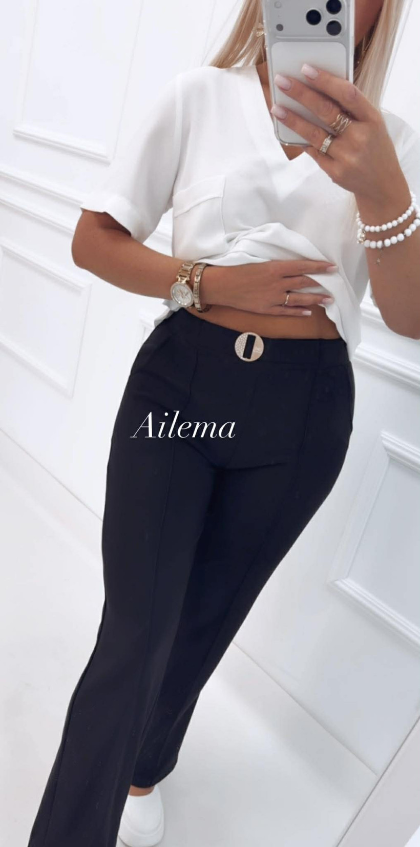 Spodnie prosta nogawka FB820 przeszycie na nogawce, ozdobny pas 