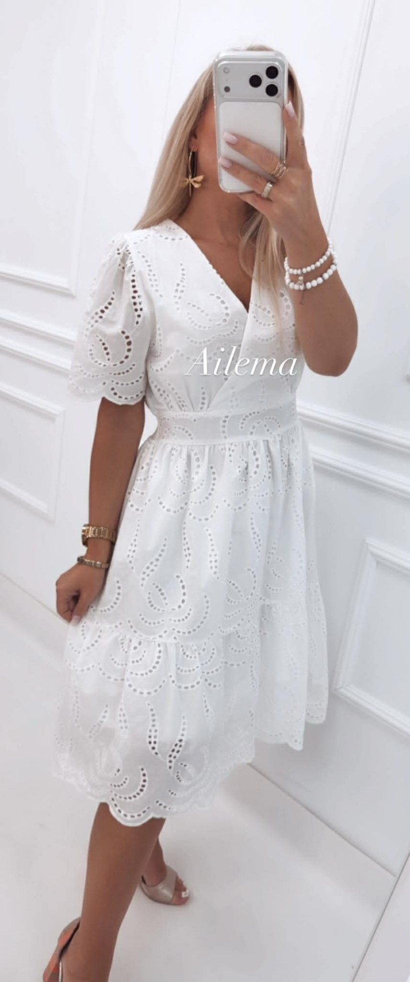 Sukienka kopertowy dekolt Hostar 281 ażurek krótki rękaw