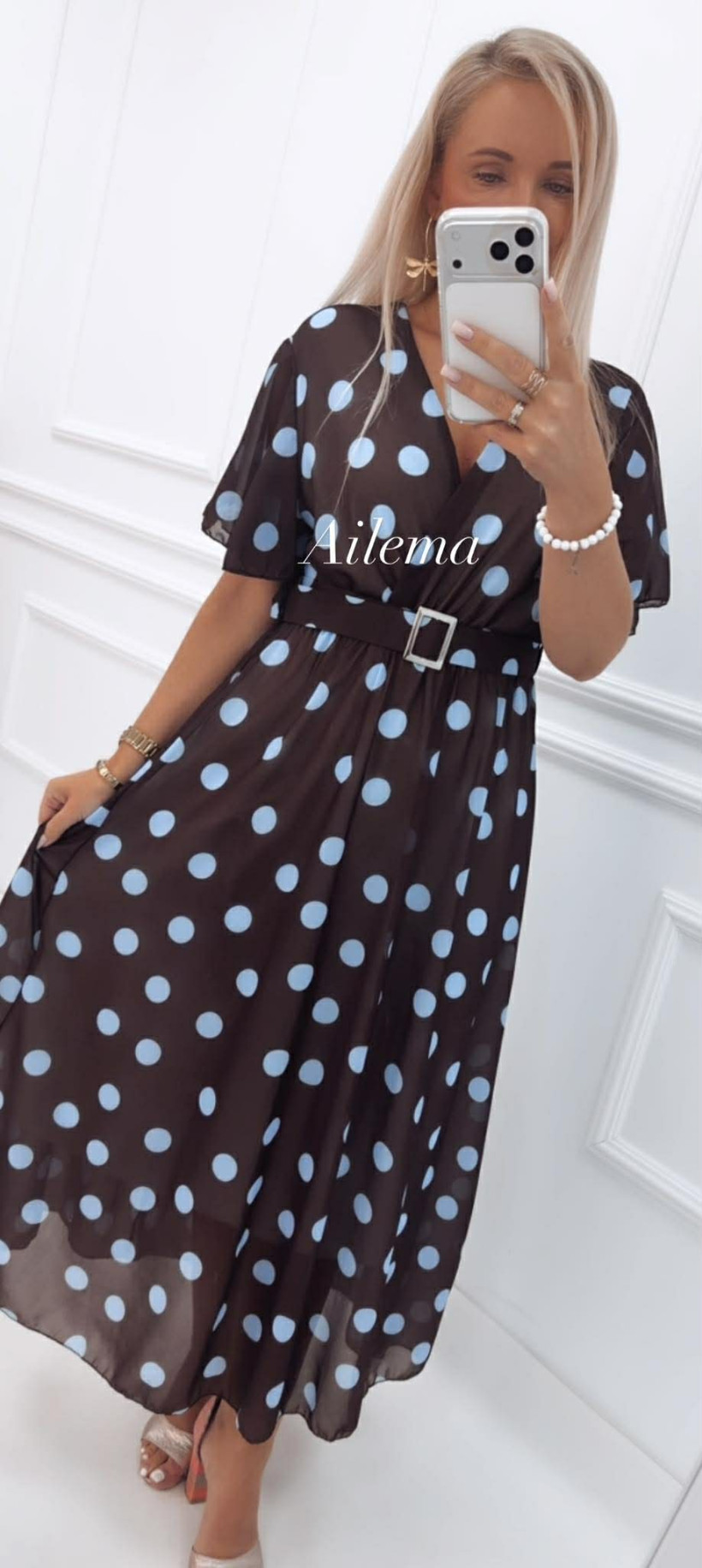 Sukienka maxi kopertowy dekolt SK58 w grochy