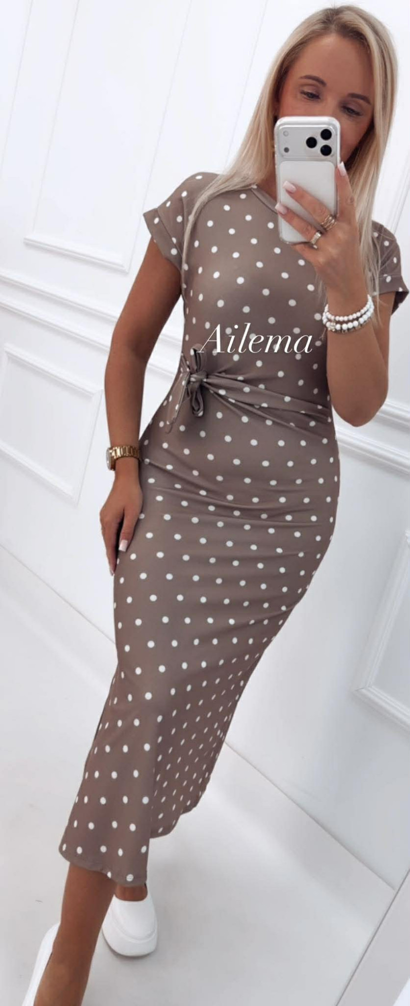 Sukienka prążek w groszki SK552 z wiązaniem 