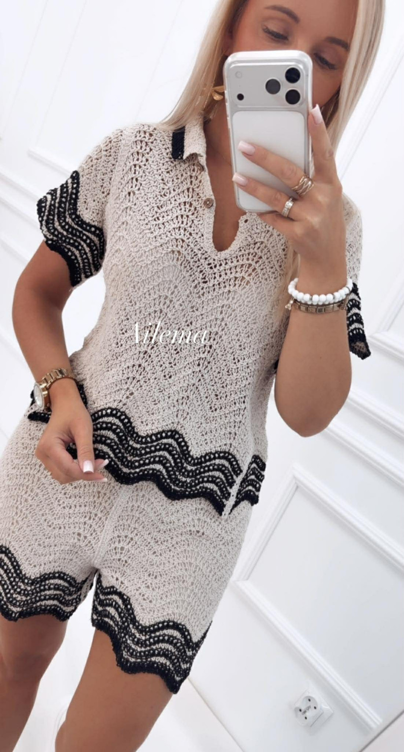 Komplet boho KM588 bluzka z kołnierzykiem i spodenki 