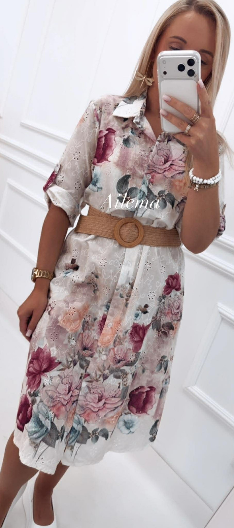 Sukienka z guziczkami i kołnierzykiem SK577 w kwiaty z paskiem 