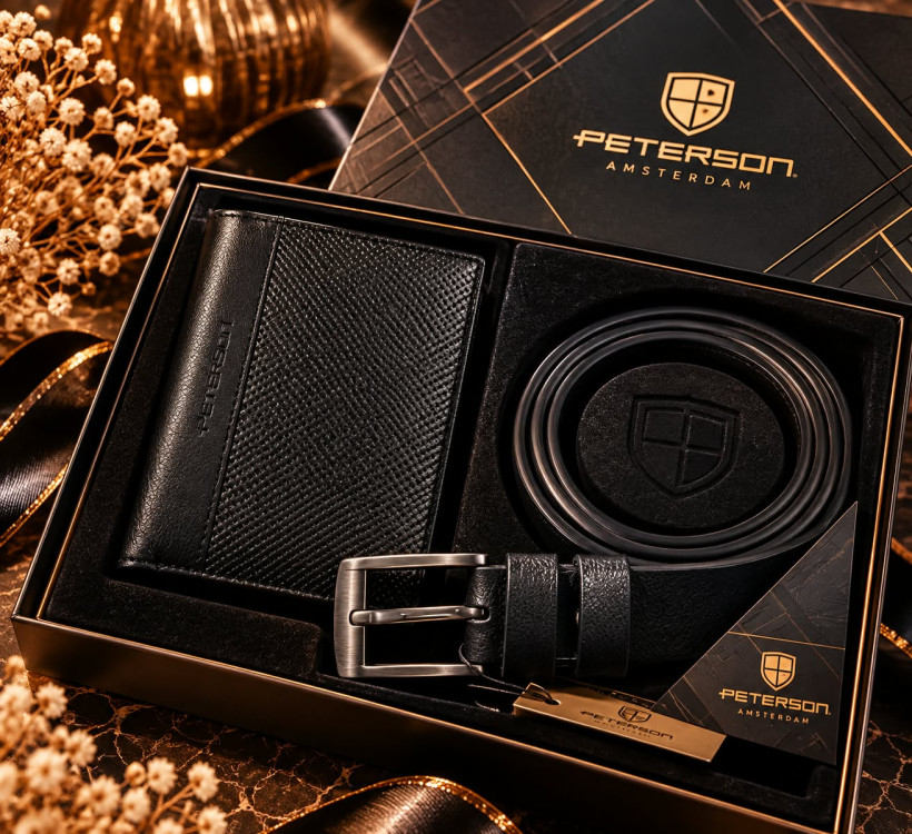 Zestaw prezentowy męski box PTN N-4-DOT-125 portfel i pasek czarny