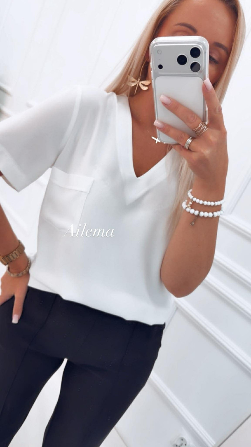 Koszula Borowiecki KS22 dekolt V z kieszonką krótki rękaw