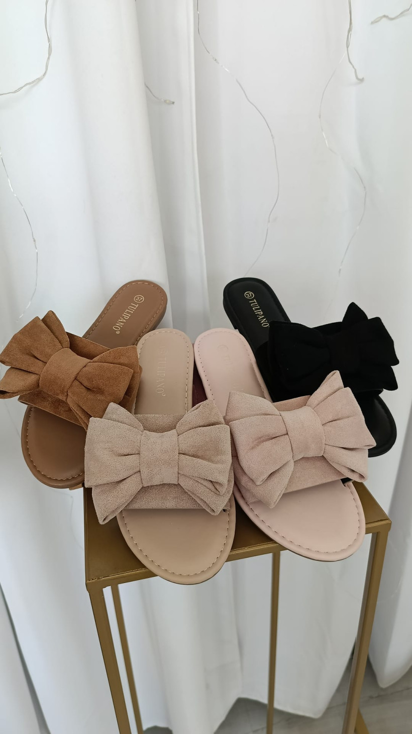 Klapki Kokardka skóra - nubuk