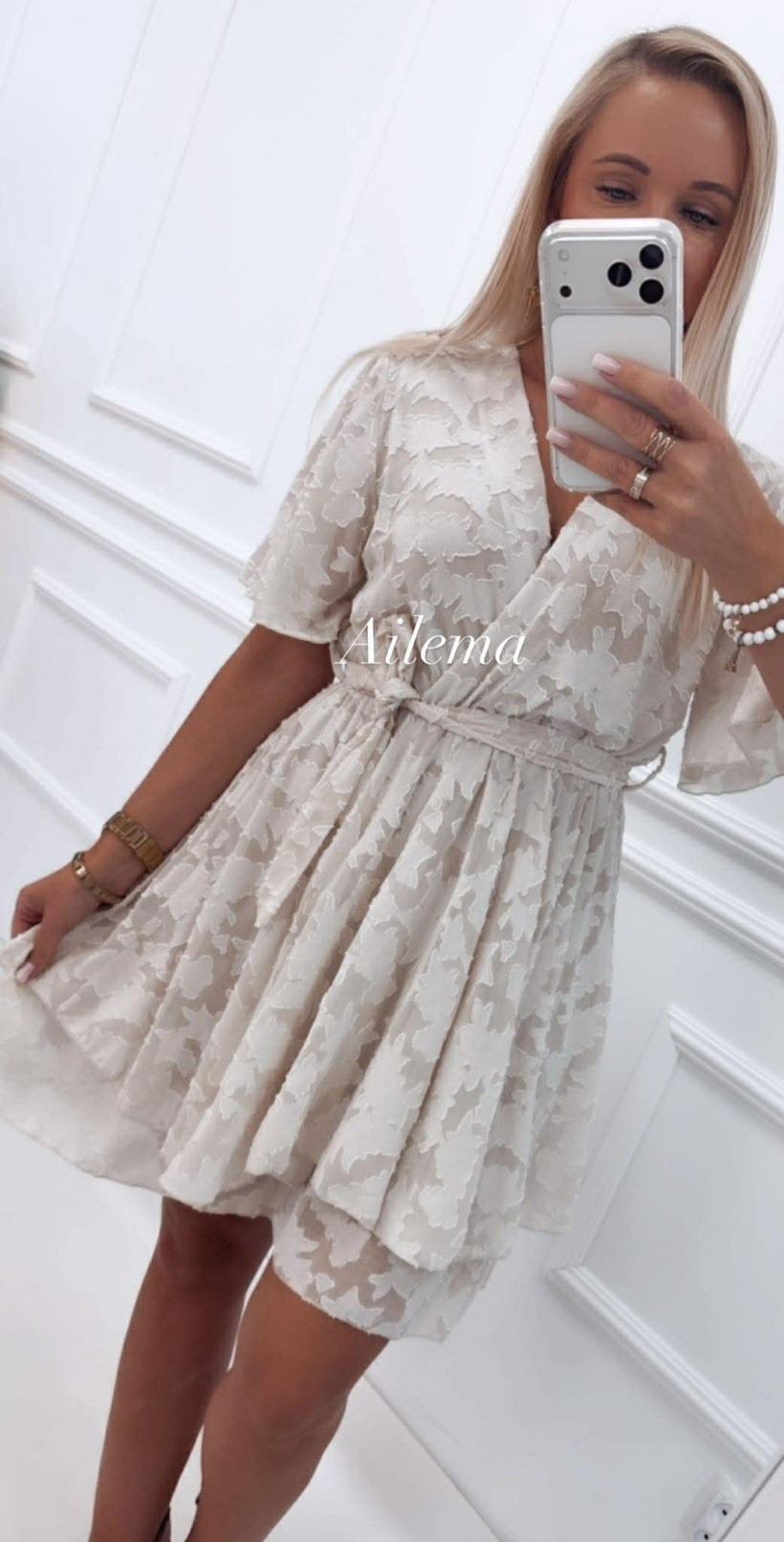 Sukienka kopertowy dekolt Sk147 wyszywany wzorek, podwójna falbanka