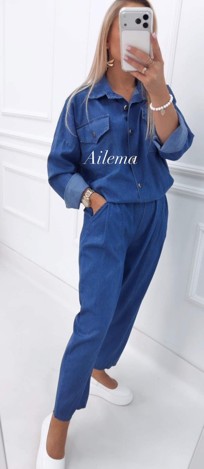Komplet w materiale jeans Km541 koszula i spodnie z paskiem szeroka nogawka