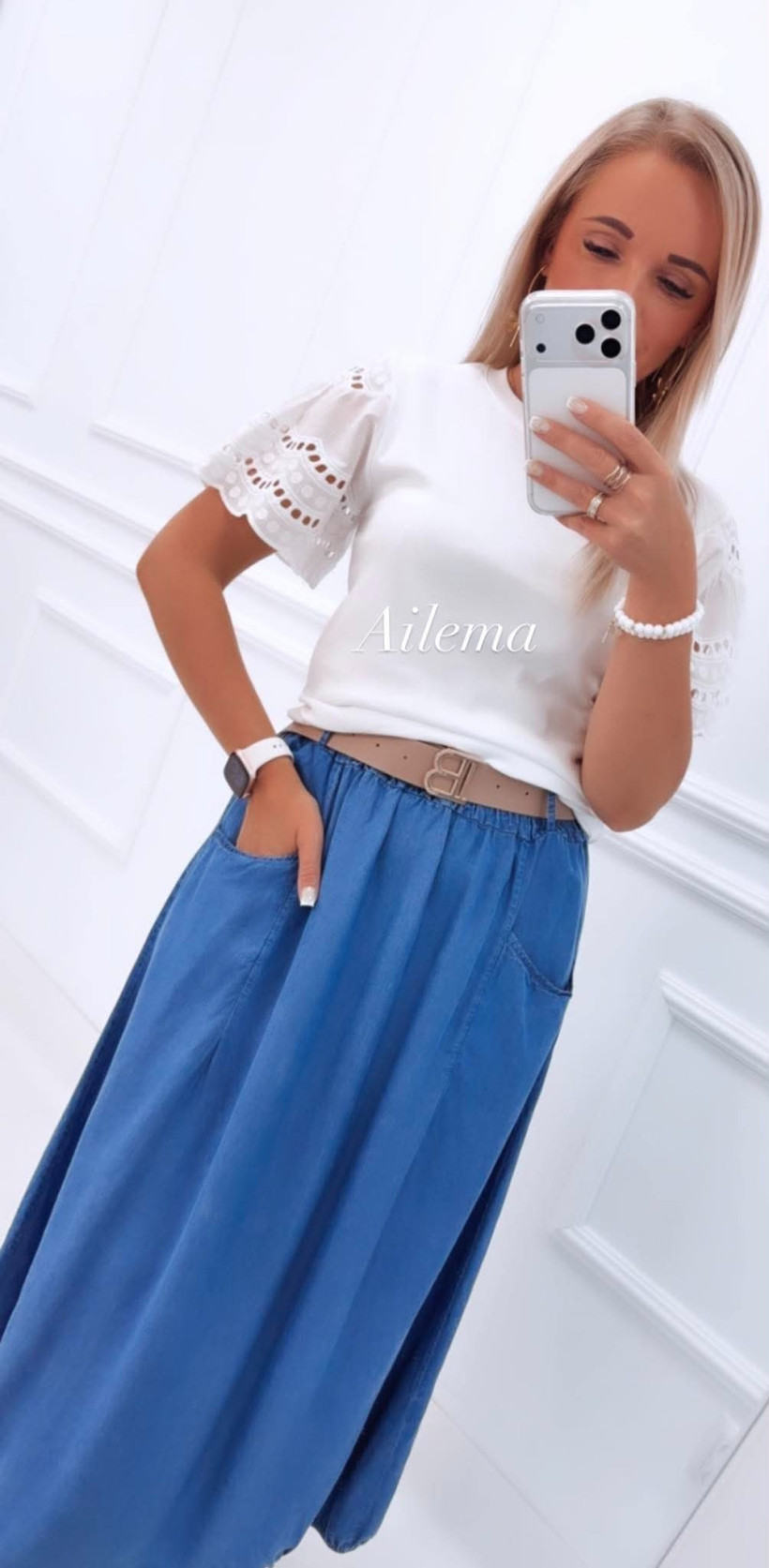 Spódnica w materiale jeans z paskiem SP419 kieszonki