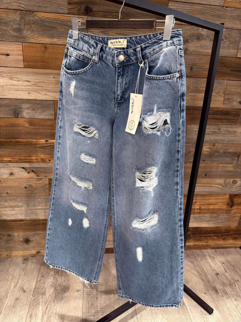 By o la la..! spodnie jeansowe z dziurami ciemny jeans