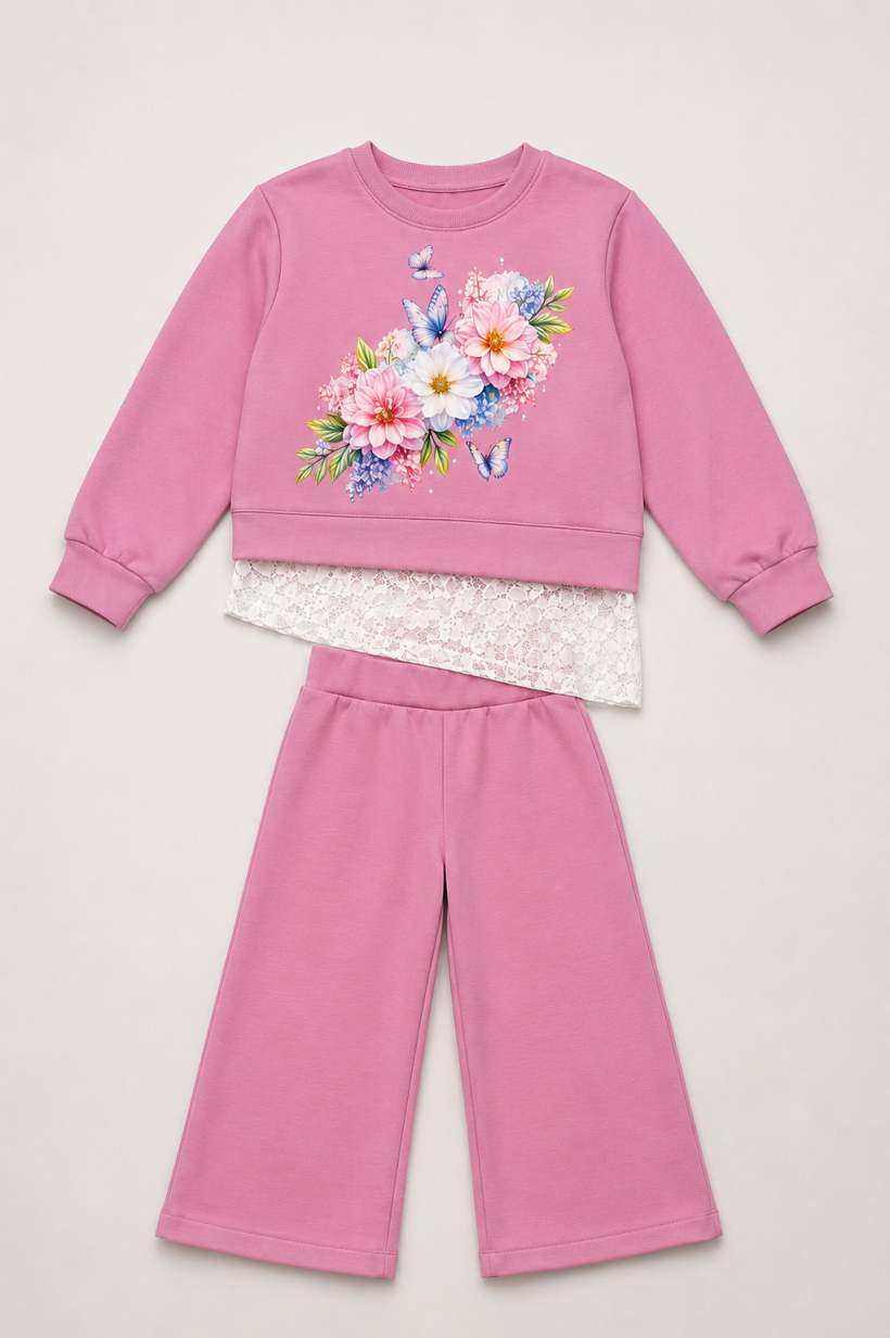 Z W Komplet bluza koronka od dołu Szwedy 4016  KWIATY  I MOTYLKI - CUKIERKOWY RÓZ