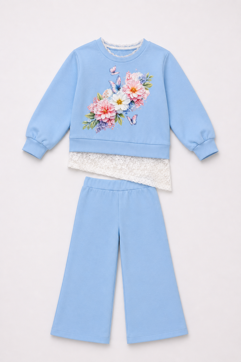 Z  W Komplet bluza koronka od dołu Szwedy 4016 KWIATY  I MOTYLKI - BABY BLUE