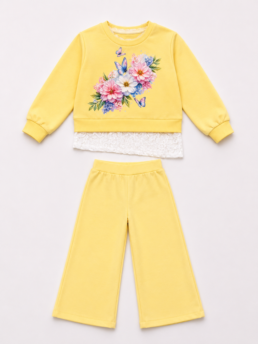 Z W Komplet bluza koronka od dołu Szwedy 4016 KWIATY I MOTYLKI - ŻÓŁTY