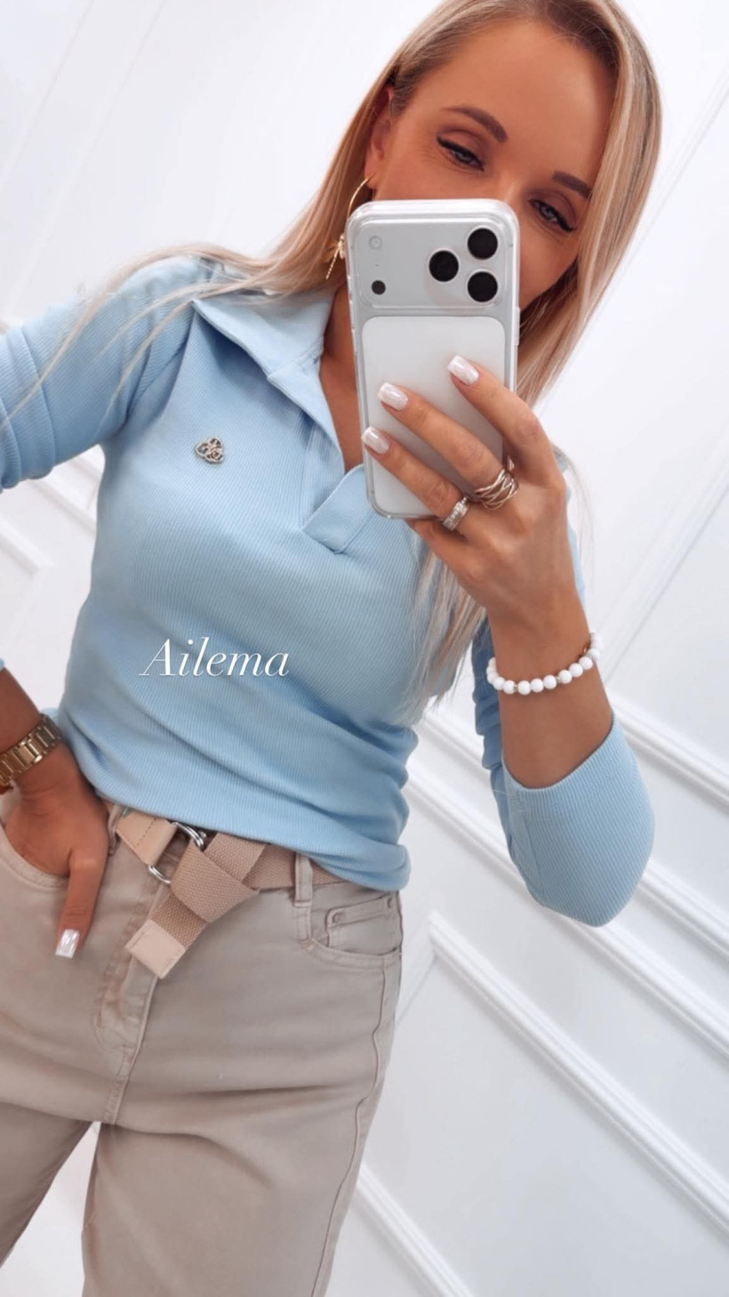 Bluzka Motion prążek długi rękaw z broszką M01141 polo
