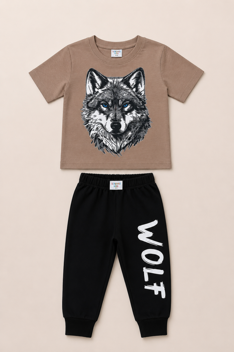 Komplet t-shirt WILK spodnie WOLF -KARMEL/CZARNY