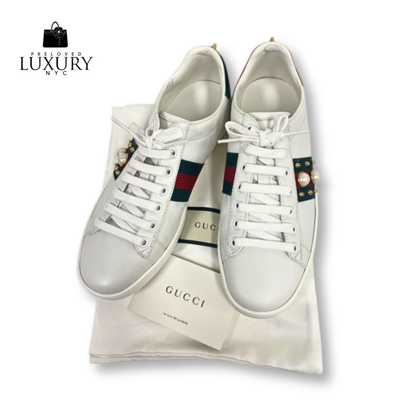 GUCCI Ace Leather Pearl Sneakers Size 37.5