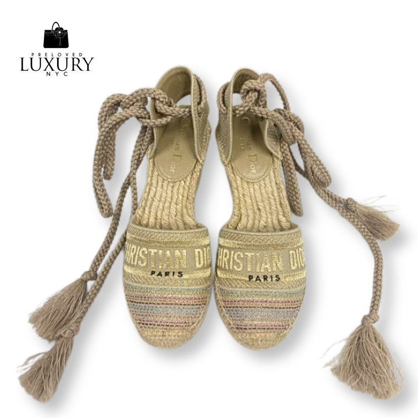 CHRISTIAN DIOR Granville Espadrille Beige Lace Up Wedge Size 36.5