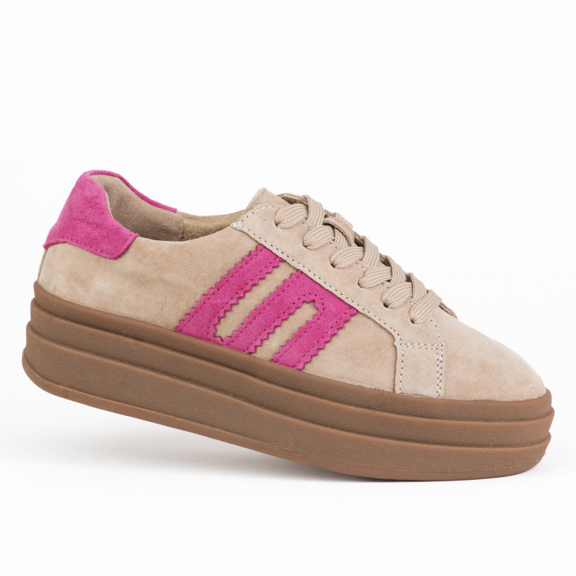 Sneakersy Goodin GD-LX1075F wyższa podeszwa beżowe, fuksjowe wstawki 