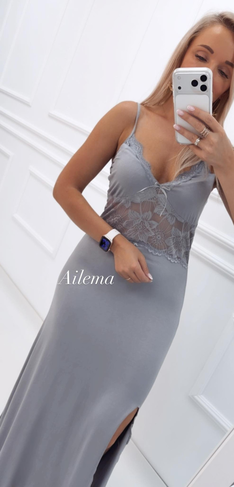 Piżama koszula nocna na ramiączka 4007 koronka, popiel
