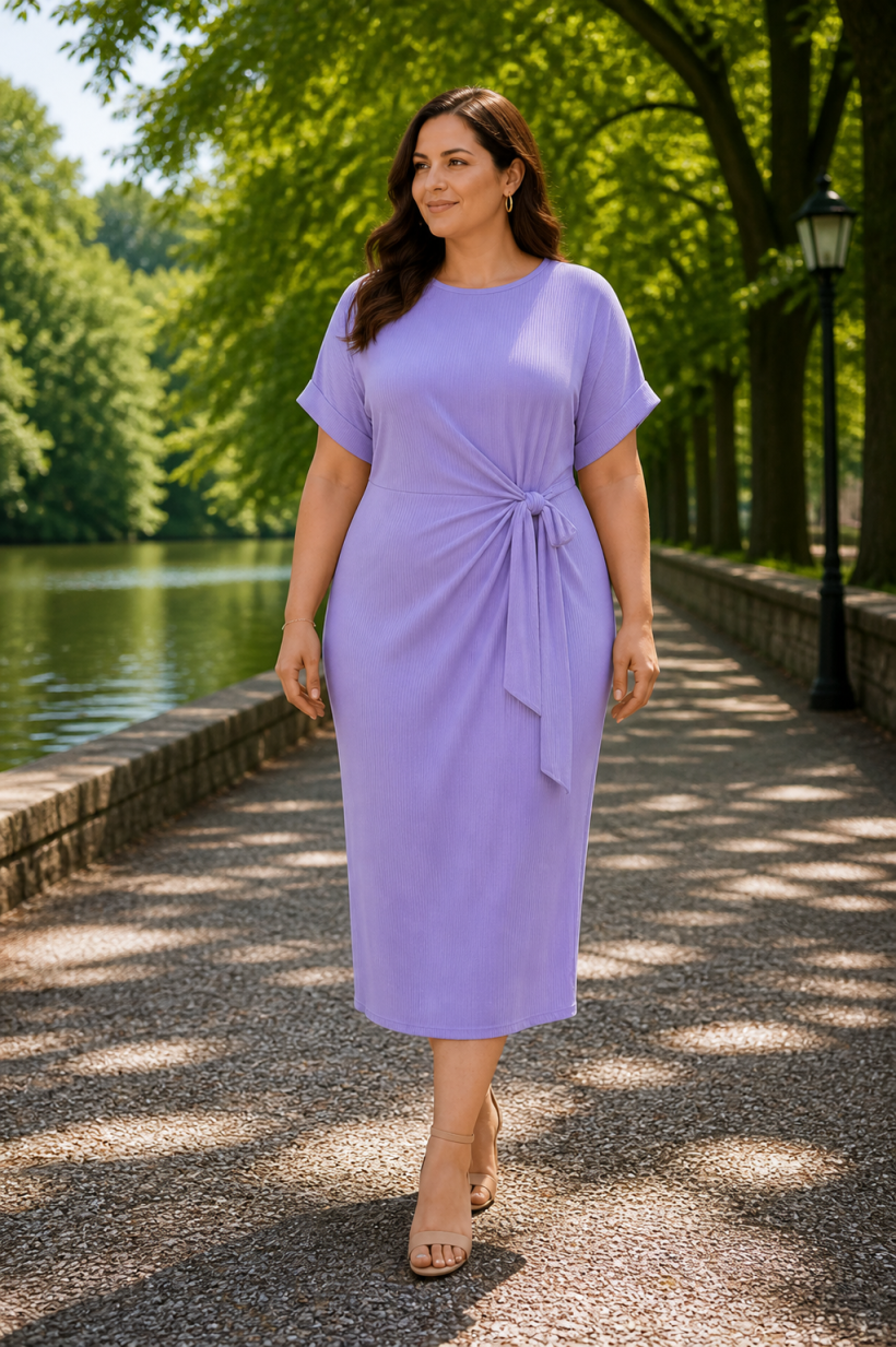   ✨ Sukienka midi prążkowana z wiązaniem – fason plus size