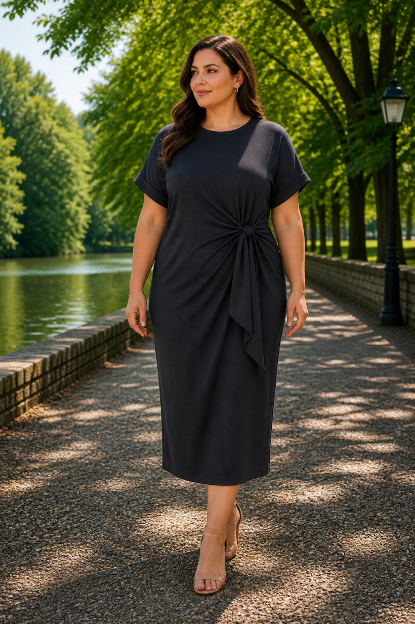   ✨ Sukienka midi prążkowana z wiązaniemk – fason plus size