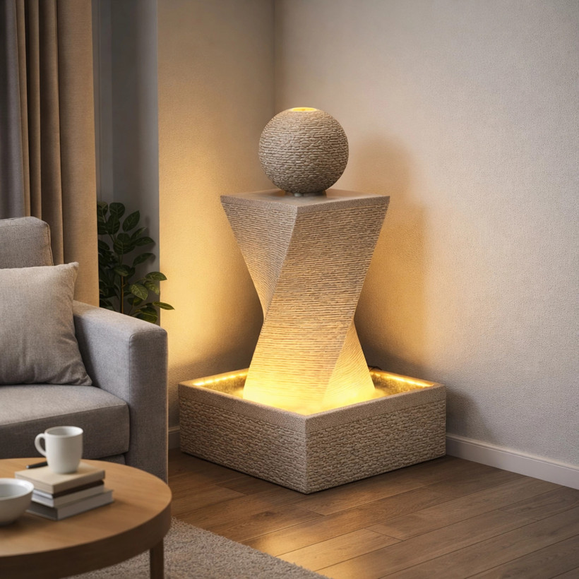 Fontanna ogrodowa domowa duża 64x64x125cm ozdoba rzeźba kula LED nowoczesna
