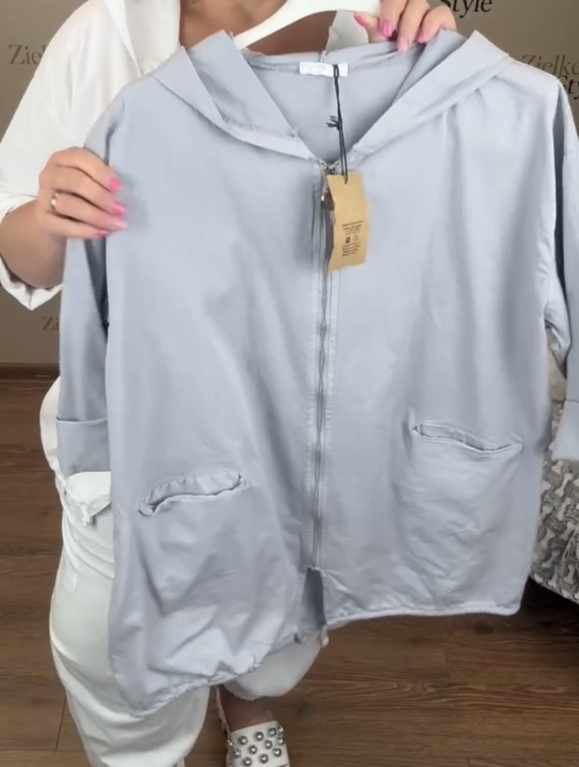 Bluza/Kurtka letnia jednokolorowa z kapucą na zamek - 19270 - popiel