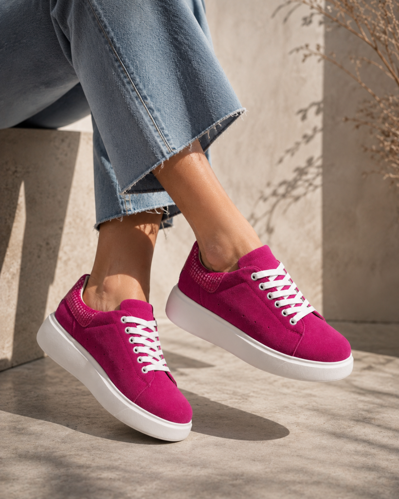 Buty sportowe Goodin skóra zamsz GD-RS2008 fuksja z białą wyższą podeszwą 