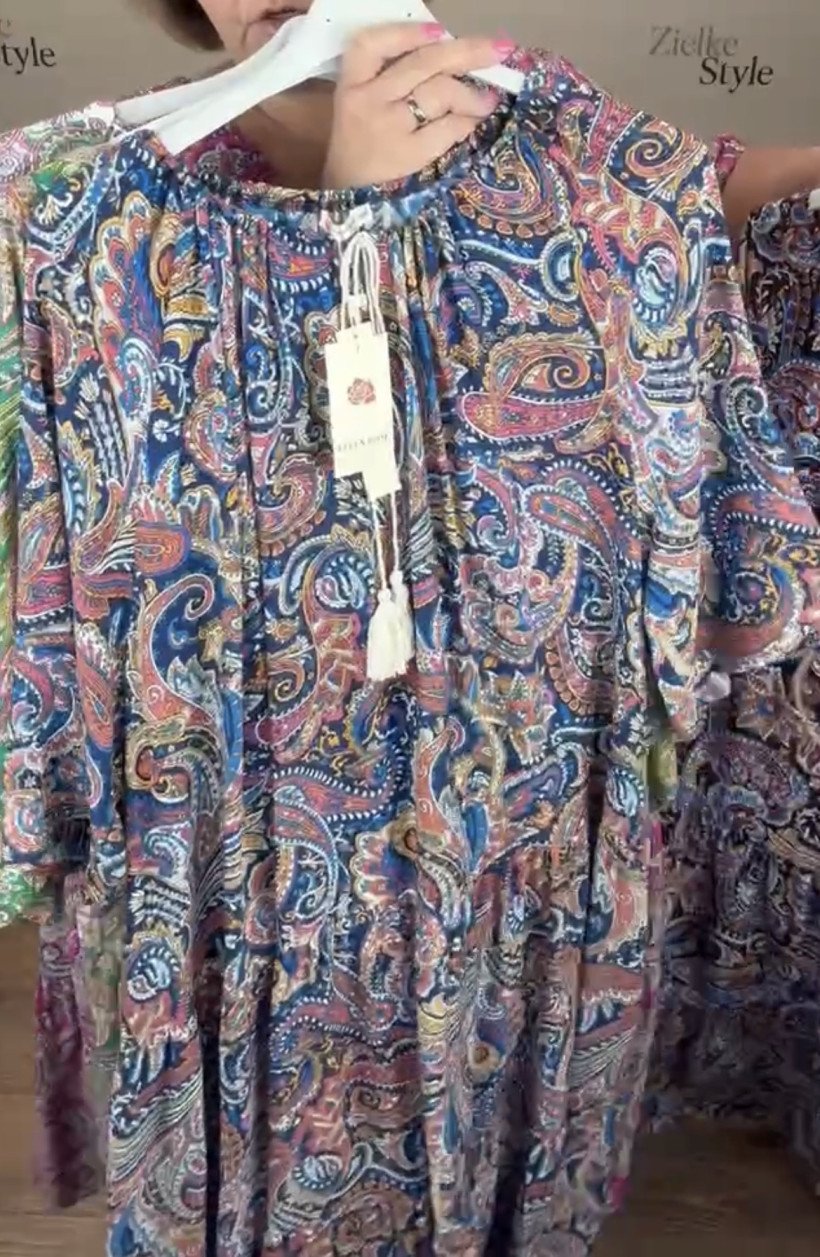 Sukienka wzorzysta hiszpanka, wiązany dekolt, ellen - 6xl - 2605 - niebieskie