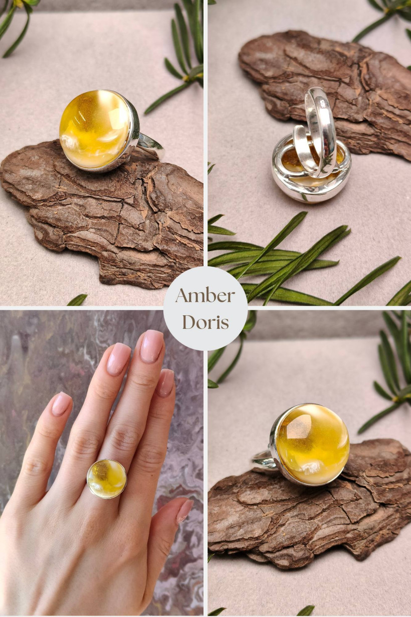 Srebrny Pierścionek z Mlecznym Bursztynem Bałtyckim – Kolekcja Amber Doris