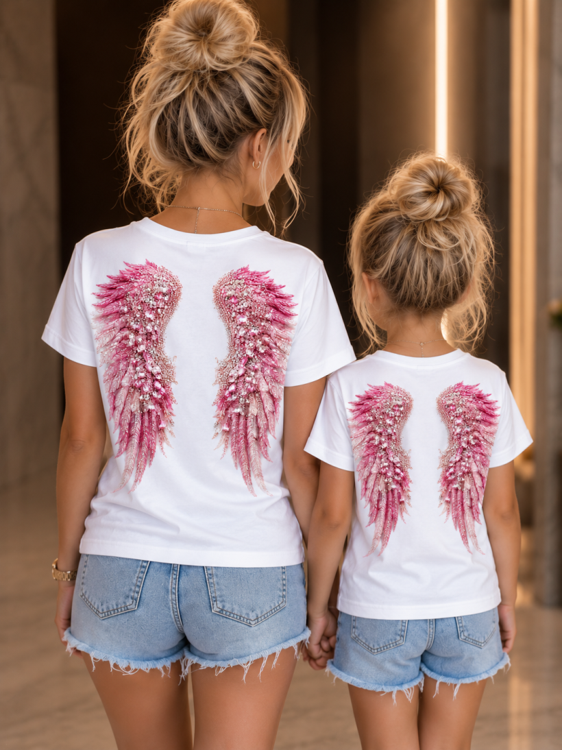 ZA T-shirt BIAŁY - różowe SKRZYDŁA MAMA/CÓRKA